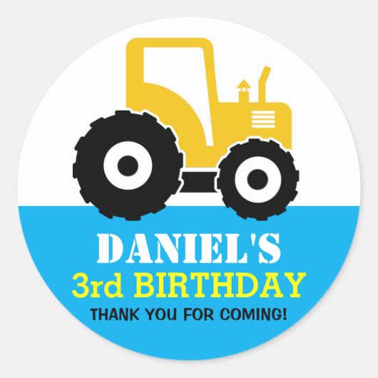 イエロートラクターカートゥーン子供の誕生日パーティーシール ラウンドシール (正面)