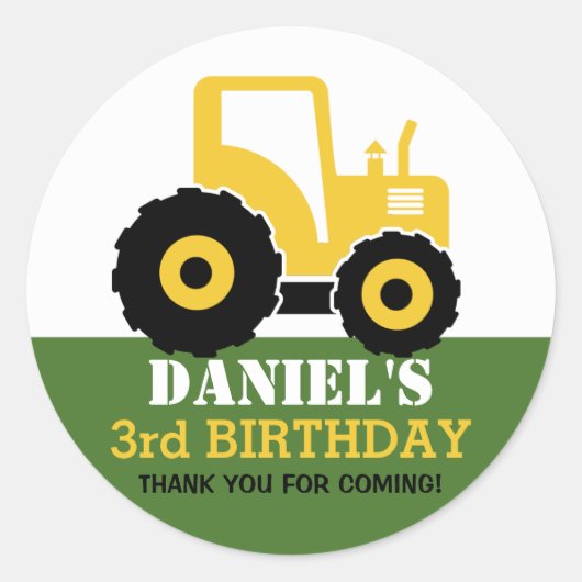 イエロートラクターカートゥーン子供の誕生日パーティーシール ラウンドシール (正面)