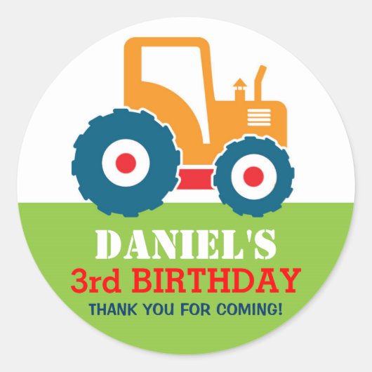 イエロートラックカートゥーン子供の誕生日パーティーシール ラウンドシール (正面)
