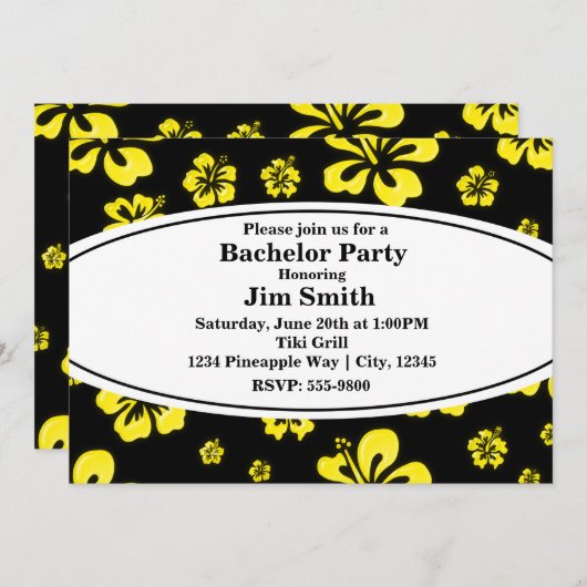 イエロートロピカルハイビスカスフローラブラック招待状 招待状 (正面/裏面)
