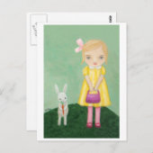 イエロードレスガールカード付きホワイトバニーウサギ ポストカード (正面/裏面)