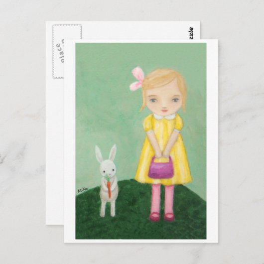 イエロードレスガールカード付きホワイトバニーウサギ ポストカード (正面/裏面)