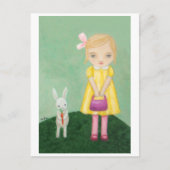 イエロードレスガールカード付きホワイトバニーウサギ ポストカード (正面)