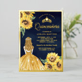 イエロードレスサンフラワーズネイビーブルーキンセアニェラ金ゴールド 箔招待状 (立ち正面)