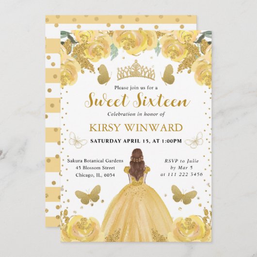 イエロードレスレッドヘアプリンセススウィート16 招待状 (正面/裏面)