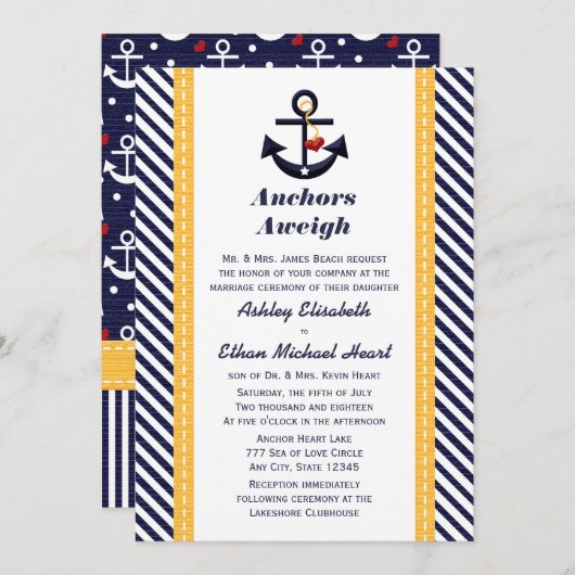 イエローネイビーいかり航海の結婚式招待状 招待状 (正面/裏面)