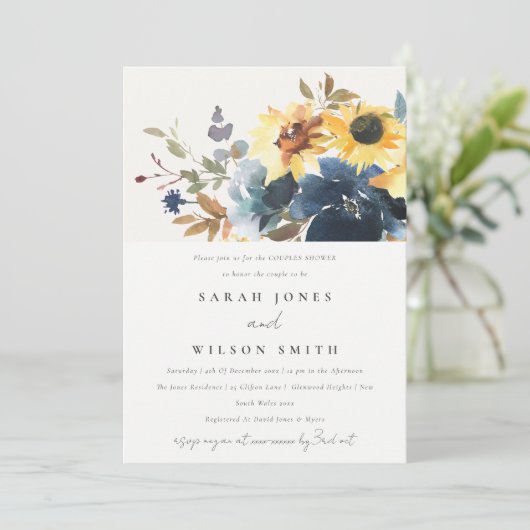 イエローネイビーひまわりフローラカップルのシャワー 招待状 (スタンド正面)