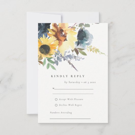 イエローネイビーひまわりフローラ水彩結婚色 出欠カード (正面)