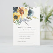 イエローネイビーひまわりフローラ水彩結婚色 出欠カード (スタンド正面)