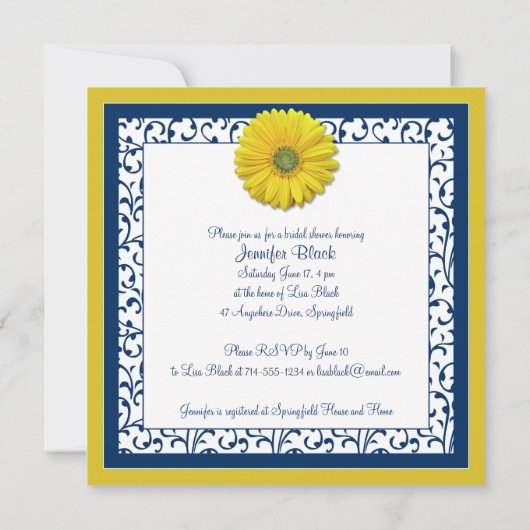 イエローネイビーガーベラデイジーブライダルシャワー招待 招待状 (裏面)