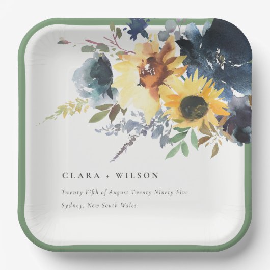 イエローネイビーサンフラワーズウォーター結婚カラーフローラ ペーパープレート (正面)