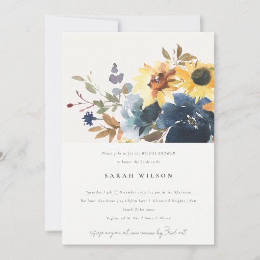 イエローネイビーサンフラワーズフローラブライダルシャワー 招待状 (正面)