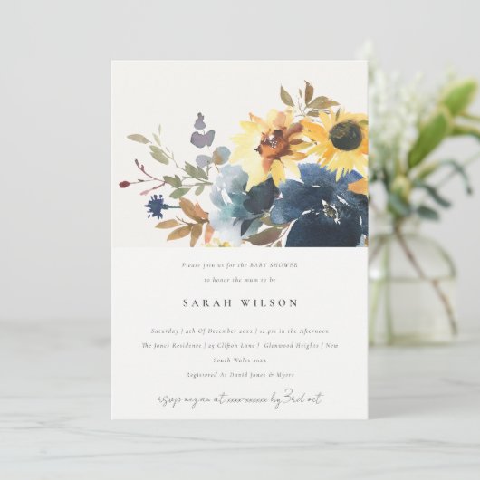 イエローネイビーサンフラワーズフローラベビーシャワー 招待状 (スタンド正面)