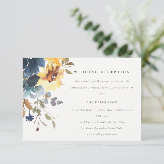 イエローネイビーサンフラワーフローラウェディングレセプション エンクロージャーカード (スタンド正面)