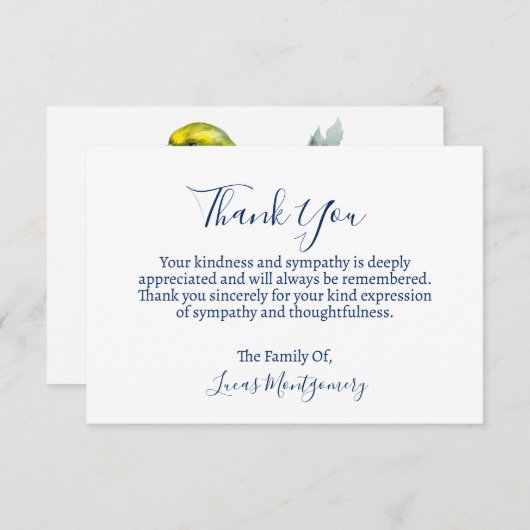 イエローネイビーバード葬儀ありがとう、悔やみや弔慰 ノートカード (正面/裏面)