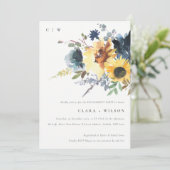 イエローネイビーヒマワリ水彩フローラ婚約 招待状 (スタンド正面)