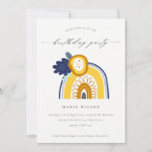 イエローネイビーフローラフォトレインボー誕生日招待状 サンキューカード (正面)