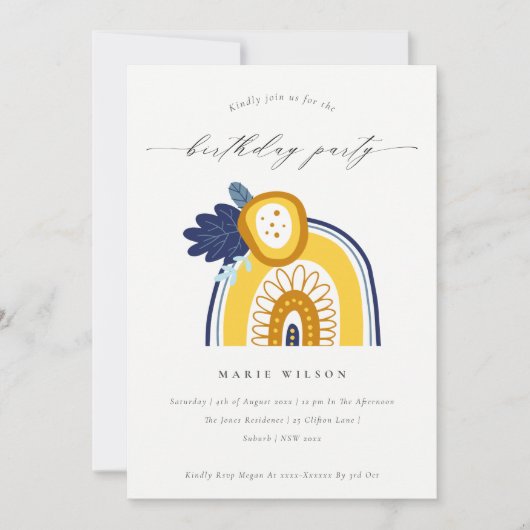イエローネイビーフローラフォトレインボー誕生日招待状 サンキューカード (正面)