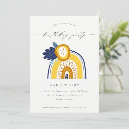 イエローネイビーフローラフォトレインボー誕生日招待状 サンキューカード (スタンド正面)