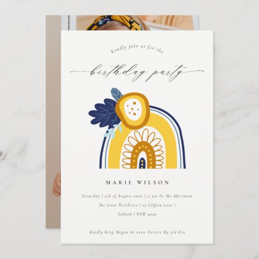 イエローネイビーフローラフォトレインボー誕生日招待状 サンキューカード (正面/裏面)