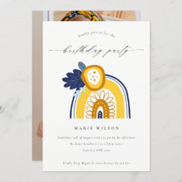 イエローネイビーフローラフォトレインボー誕生日招待状 サンキューカード