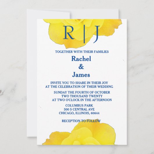 イエローネイビーブルーフローラエレガントバラ結婚ズ 招待状 (正面)