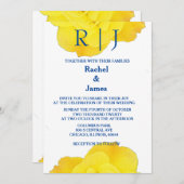 イエローネイビーブルーフローラエレガントバラ結婚ズ 招待状 (正面/裏面)