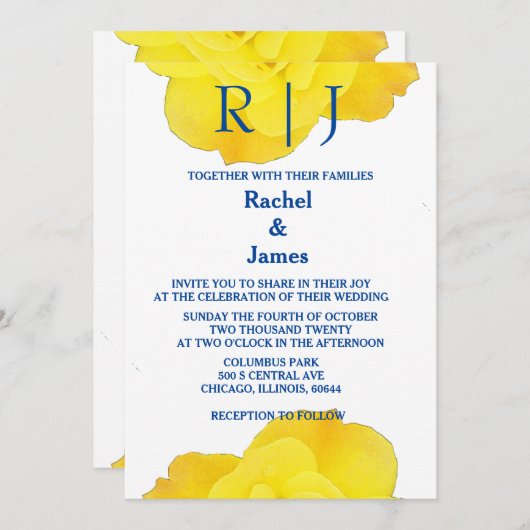 イエローネイビーブルーフローラエレガントバラ結婚ズ 招待状 (正面/裏面)