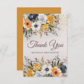 イエローネイビーブルーフローラグリッター誕生日 サンキューカード (正面/裏面)