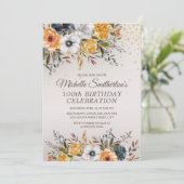 イエローネイビーブルーフローラグリッター100誕生日 招待状 (スタンド正面)