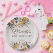 イエローネイビーブルーフローラグリッター40th誕生日の名前 ペーパープレート (パーティー)