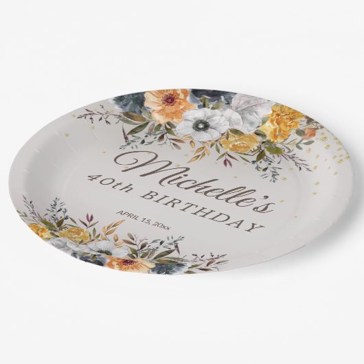 イエローネイビーブルーフローラグリッター40th誕生日の名前 ペーパープレート (アングル)