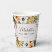 イエローネイビーブルーフローラグリッター40th誕生日の名前 紙コップ (裏面)