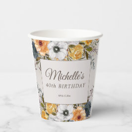 イエローネイビーブルーフローラグリッター40th誕生日の名前 紙コップ