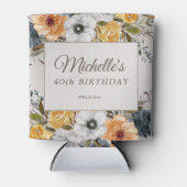 イエローネイビーブルーフローラグリッター40th誕生日の名前 缶クーラー (正面)