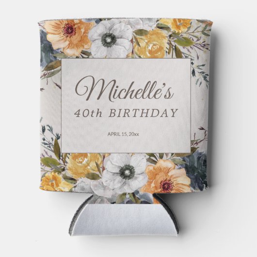 イエローネイビーブルーフローラグリッター40th誕生日の名前 缶クーラー (正面)