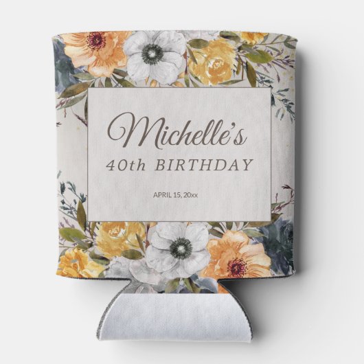 イエローネイビーブルーフローラグリッター40th誕生日の名前 缶クーラー (裏面)