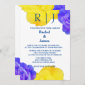 イエローネイビーブルーフローラバラエレガントウェディング 招待状 (正面/裏面)