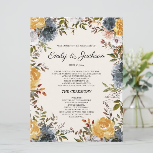 イエローネイビーブルーフローラ結婚式 プログラム (スタンド正面)