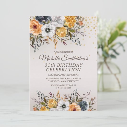 イエローネイビーブルーホワイトフローラ30歳の誕生日 招待状 (スタンド正面)