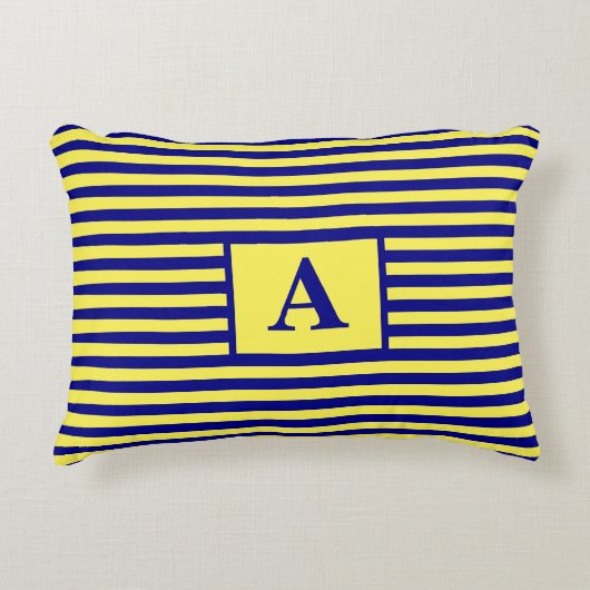 イエローネイビーブルー航海のモノグラストライプムかわいい アクセントクッション (正面)