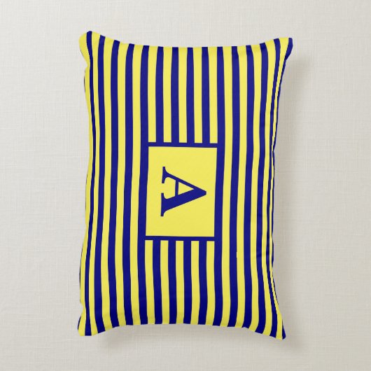 イエローネイビーブルー航海のモノグラストライプムかわいい アクセントクッション (裏面(縦))