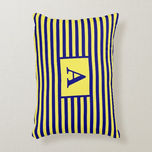 イエローネイビーブルー航海のモノグラストライプムかわいい アクセントクッション (正面(垂直))
