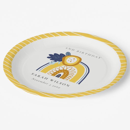 イエローネイビーボホフローラレインボニーエイジ誕生日 ペーパープレート (アングル)