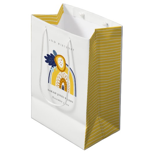 イエローネイビーボホフローラレインボニーエイジ誕生日 ミディアムペーパーバッグ (正面アングル)