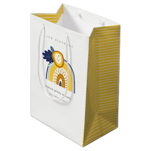 イエローネイビーボホフローラレインボニーエイジ誕生日 ミディアムペーパーバッグ (裏面アングル)
