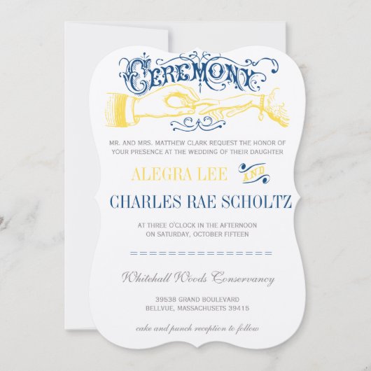 イエローネイビーモダンヴィンテージタイポグラフィ招待状 招待状 (正面)