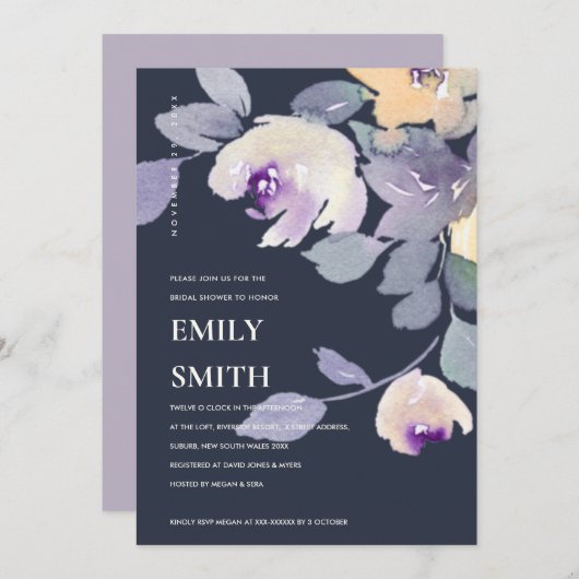 イエローネイビー薄紫フローラブライダルシャワー招待状 サンキューカード (正面/裏面)