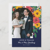 イエローネイビーBohoフラワーアーチ結婚の写真 サンキューカード (正面)