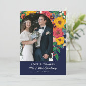 イエローネイビーBohoフラワーアーチ結婚の写真 サンキューカード (スタンド正面)